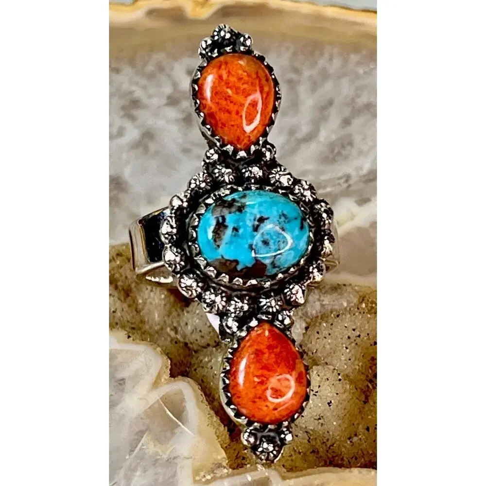 Sterling Silver Spiny Oyster Kingman Turquoise Cluster Statement Ring Adjust Sz
